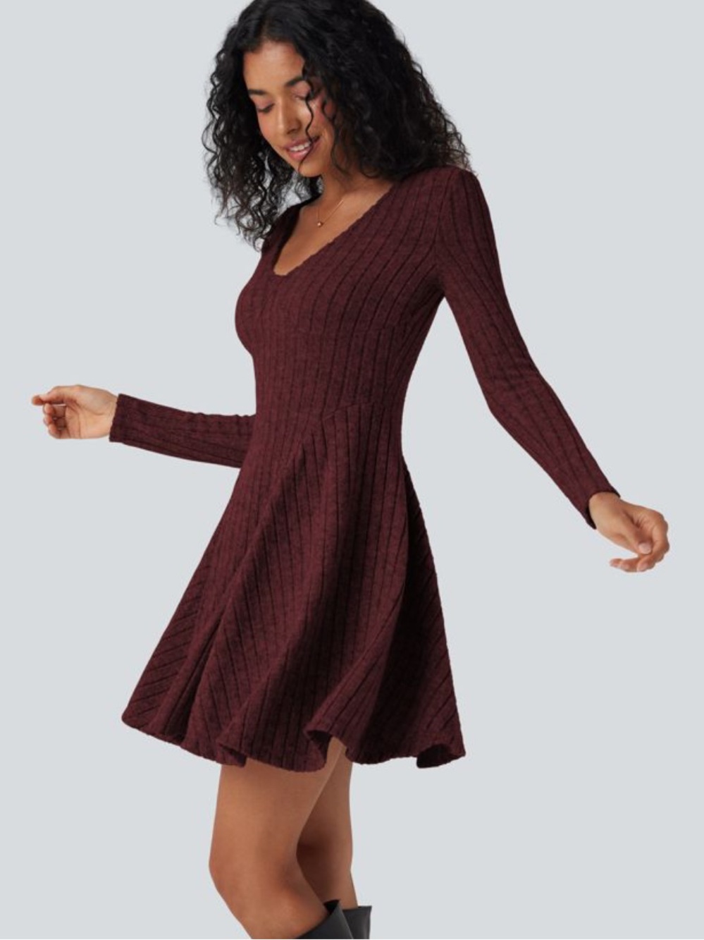 Halara Ribbed Knit V Neck Long Sleeve Flare Mini Casual Dress Small Wine Red
